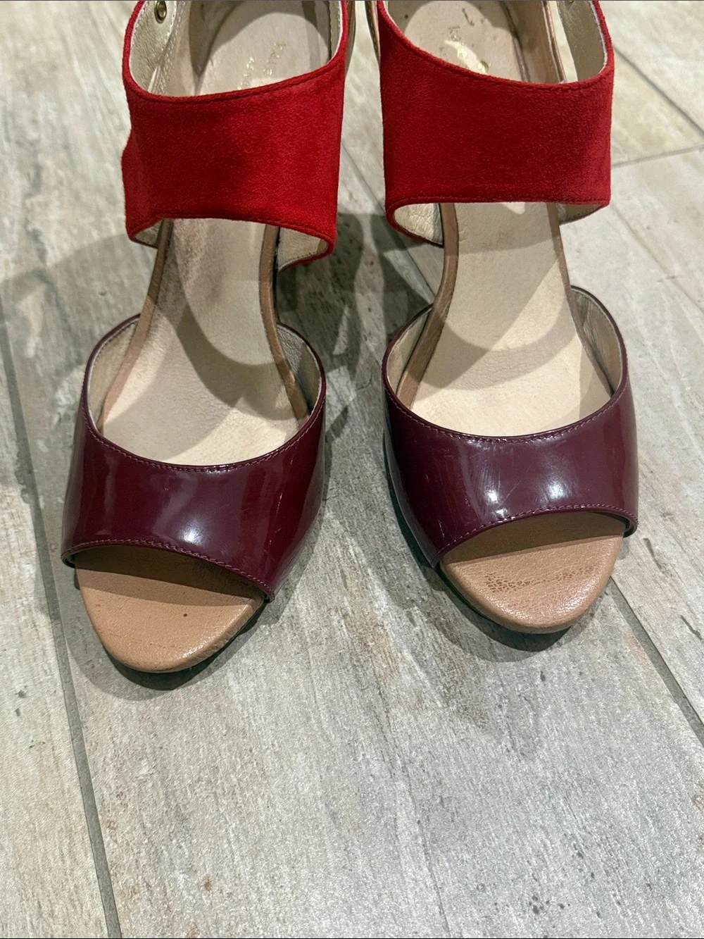 Kate Spade Women’s Red Suede & Burgundy Leather High Heel Sandals Size 8 GUC